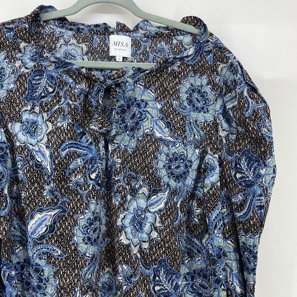 MISA Los Angeles Size S Siena Blouse Long Puff Sleeve Boho Top Black Blue Floral - Picture 2 of 7